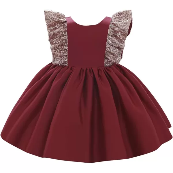 IDOPIP Flower Girls Sequins Bowknot Tutu Dress for Kids Baby Wedding Christening Birthday Party Ruffle Backless Dresses GownWine Red