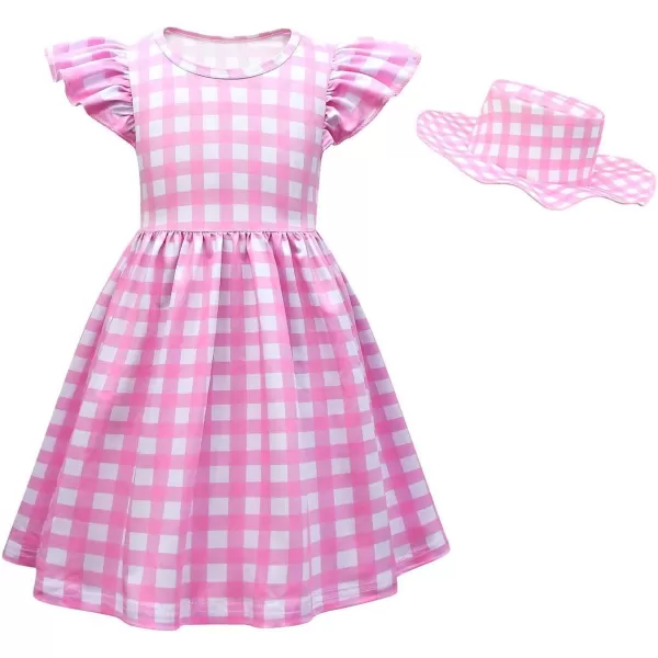 IDOPIP Halloween Costume for Kids Girls Pink Plaid Dress with Headband Hat Toddler Princess Birthday Party Dress up OutfitPink  Cap Sleeves