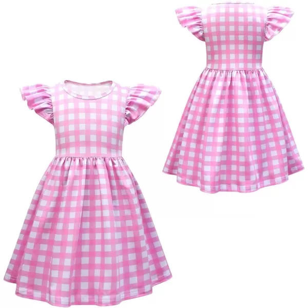 IDOPIP Halloween Costume for Kids Girls Pink Plaid Dress with Headband Hat Toddler Princess Birthday Party Dress up OutfitPink  Cap Sleeves