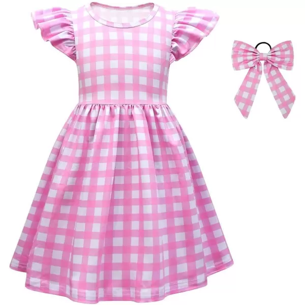 IDOPIP Halloween Costume for Kids Girls Pink Plaid Dress with Headband Hat Toddler Princess Birthday Party Dress up OutfitPink  Cap Sleeves