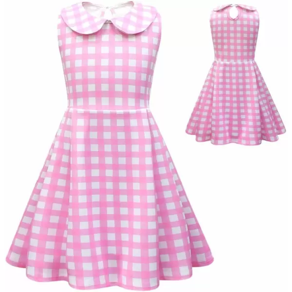 IDOPIP Halloween Costume for Kids Girls Pink Plaid Dress with Headband Hat Toddler Princess Birthday Party Dress up OutfitPink  Collar