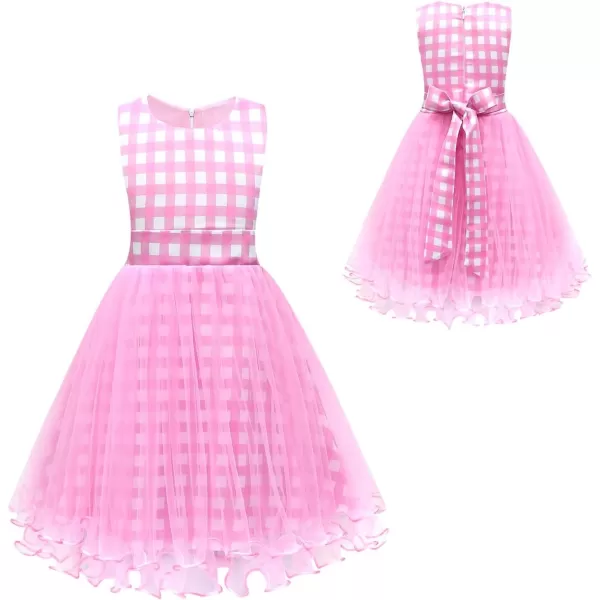 IDOPIP Halloween Costume for Kids Girls Pink Plaid Dress with Headband Hat Toddler Princess Birthday Party Dress up OutfitPink  Sleeveless