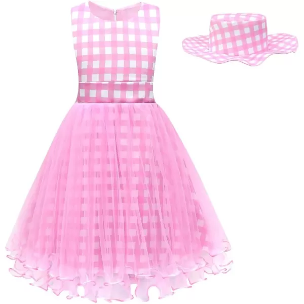 IDOPIP Halloween Costume for Kids Girls Pink Plaid Dress with Headband Hat Toddler Princess Birthday Party Dress up OutfitPink  Sleeveless