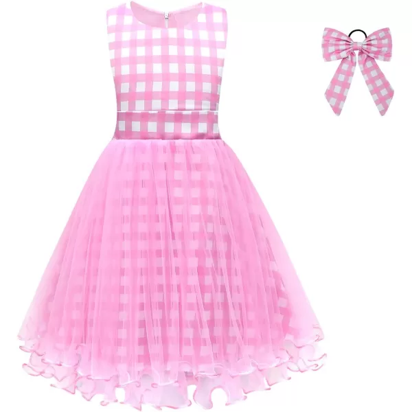 IDOPIP Halloween Costume for Kids Girls Pink Plaid Dress with Headband Hat Toddler Princess Birthday Party Dress up OutfitPink  Sleeveless