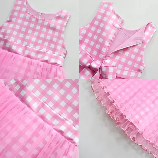 IDOPIP Halloween Costume for Kids Girls Pink Plaid Dress with Headband Hat Toddler Princess Birthday Party Dress up OutfitPink  Sleeveless