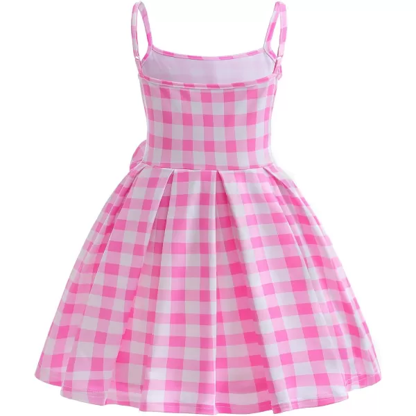 IDOPIP Halloween Costume for Kids Girls Pink Plaid Dress with Headband Hat Toddler Princess Birthday Party Dress up OutfitPink 2pcs