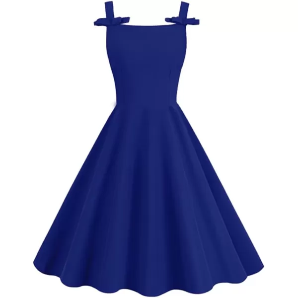 IDOPIP Halter Sleeveless Dress for Women Vintage 1950s Cocktail Party Swing Dress Summer Bowknot VBack Retro Rockabilly GownRoyal Blue