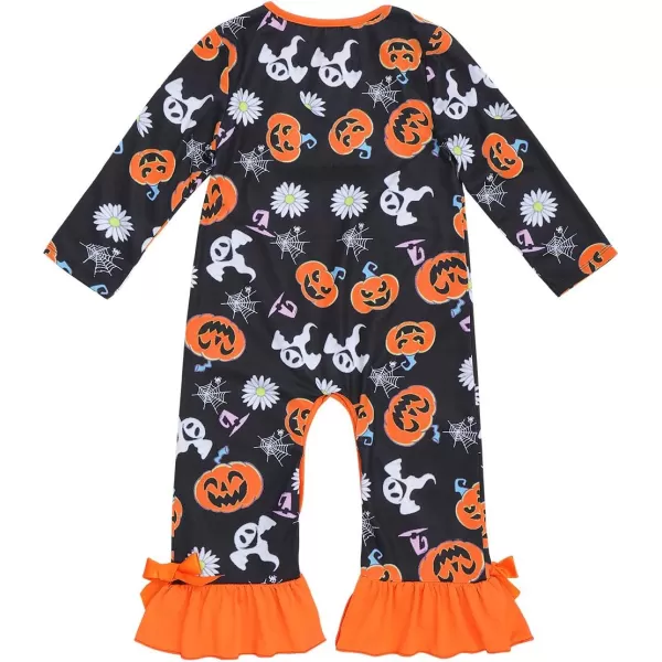 IDOPIP Icing Ruffle Jumpsuit Pants for Toddler Baby Girls Halloween Pumpkin Romper Long Sleeve Playwear Birthday Outfit 024M Orange  Black Pumpkin Ghost