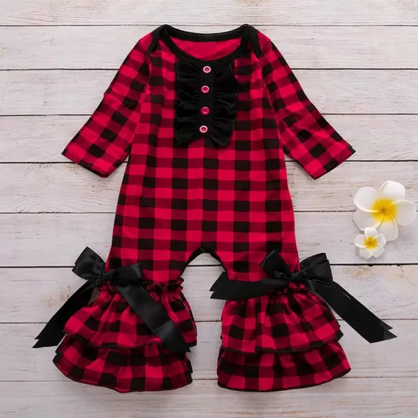 IDOPIP Icing Ruffle Jumpsuit Pants for Toddler Baby Girls Halloween Pumpkin Romper Long Sleeve Playwear Birthday Outfit 024MRed Plaid