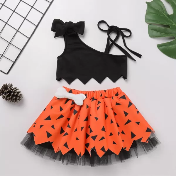 IDOPIP Kids Baby Bam Bam Costume Caveman Cavegirl Stone Age Outfit for Girl Boy Halloween Cosplay Dress Up Photo Shoot 6M6TOrange  Black 3pcs