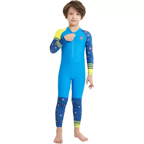 IDOPIP Kids Boys Girls Color Block One Piece Swimsuit Swimwear Long Sleeve Rash Guard Sunsuit Wetsuit Beachwear Bathing SuitBlue  Boy