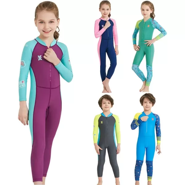 IDOPIP Kids Boys Girls Color Block One Piece Swimsuit Swimwear Long Sleeve Rash Guard Sunsuit Wetsuit Beachwear Bathing SuitBlue  Boy