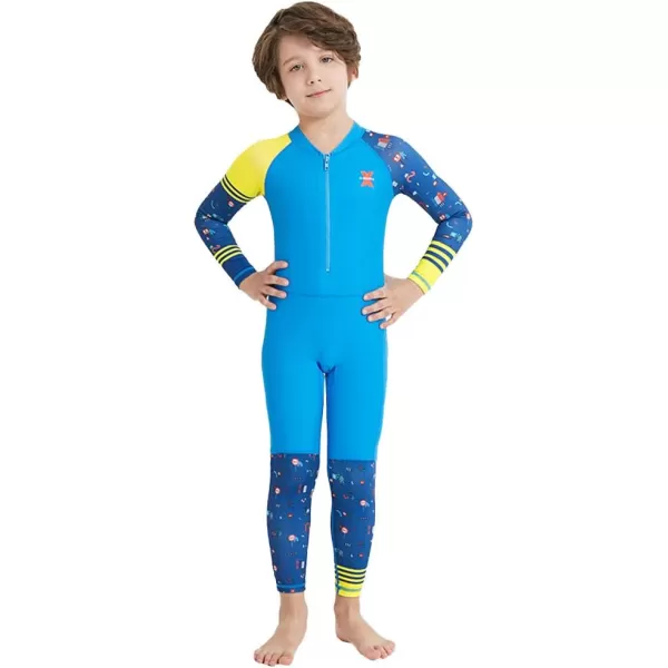 IDOPIP Kids Boys Girls Color Block One Piece Swimsuit Swimwear Long Sleeve Rash Guard Sunsuit Wetsuit Beachwear Bathing SuitBlue  Boy