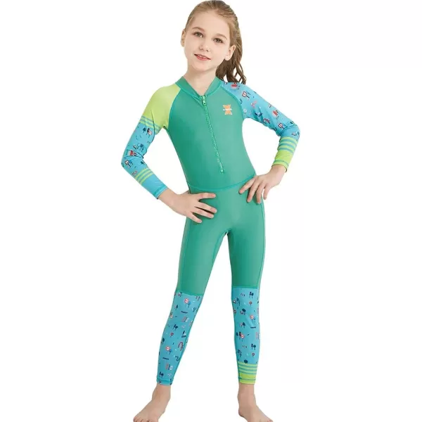 IDOPIP Kids Boys Girls Color Block One Piece Swimsuit Swimwear Long Sleeve Rash Guard Sunsuit Wetsuit Beachwear Bathing SuitGreen  Girl