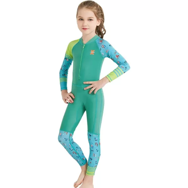 IDOPIP Kids Boys Girls Color Block One Piece Swimsuit Swimwear Long Sleeve Rash Guard Sunsuit Wetsuit Beachwear Bathing SuitGreen  Girl