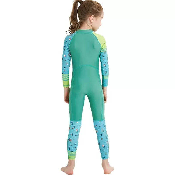 IDOPIP Kids Boys Girls Color Block One Piece Swimsuit Swimwear Long Sleeve Rash Guard Sunsuit Wetsuit Beachwear Bathing SuitGreen  Girl