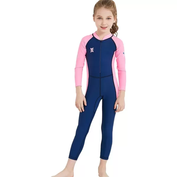 IDOPIP Kids Boys Girls Color Block One Piece Swimsuit Swimwear Long Sleeve Rash Guard Sunsuit Wetsuit Beachwear Bathing SuitNavy Blue  Girl