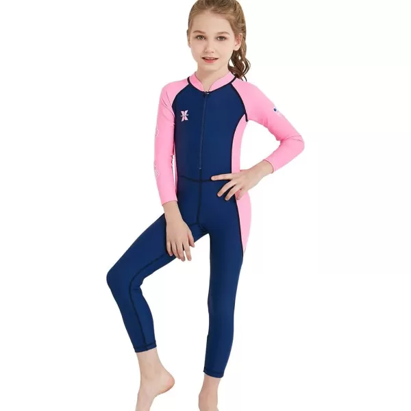 IDOPIP Kids Boys Girls Color Block One Piece Swimsuit Swimwear Long Sleeve Rash Guard Sunsuit Wetsuit Beachwear Bathing SuitNavy Blue  Girl