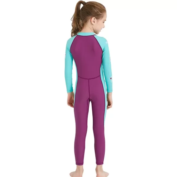 IDOPIP Kids Boys Girls Color Block One Piece Swimsuit Swimwear Long Sleeve Rash Guard Sunsuit Wetsuit Beachwear Bathing SuitPurple  Girl