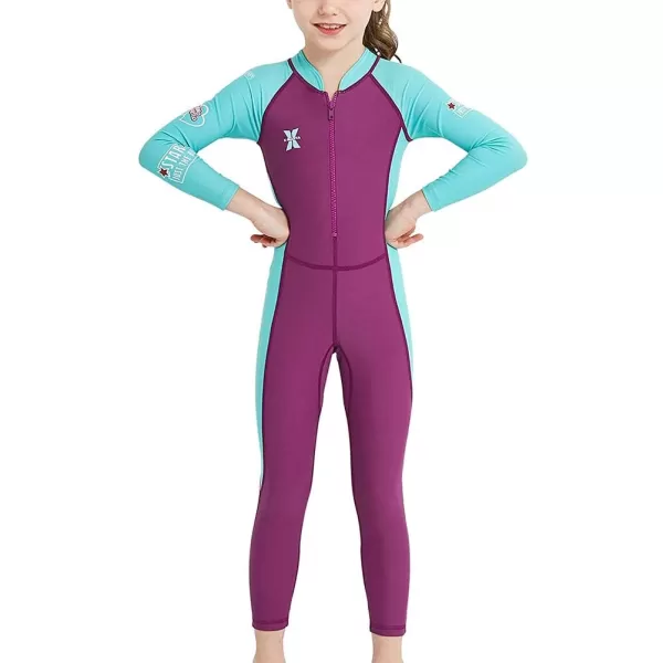 IDOPIP Kids Boys Girls Color Block One Piece Swimsuit Swimwear Long Sleeve Rash Guard Sunsuit Wetsuit Beachwear Bathing SuitPurple  Girl