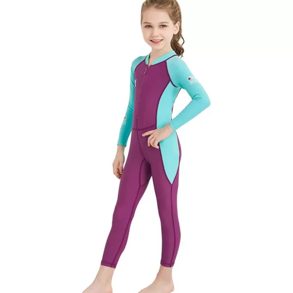 IDOPIP Kids Boys Girls Color Block One Piece Swimsuit Swimwear Long Sleeve Rash Guard Sunsuit Wetsuit Beachwear Bathing SuitPurple  Girl