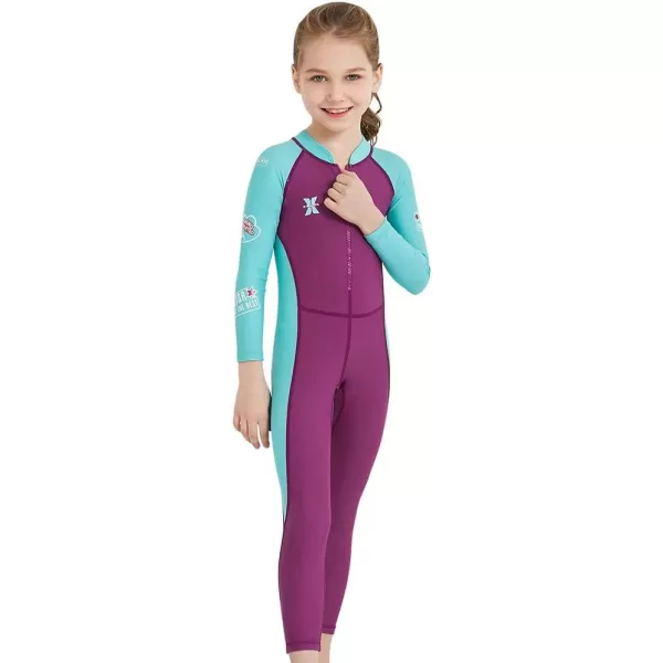 IDOPIP Kids Boys Girls Color Block One Piece Swimsuit Swimwear Long Sleeve Rash Guard Sunsuit Wetsuit Beachwear Bathing SuitPurple  Girl