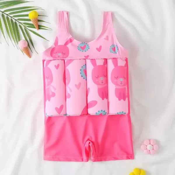 IDOPIP Kids Boys Girls Floatation Swimsuit with Adjustable Buoyancy Baby Float Suit Swim Vest One Piece Swimwear Bathing SuitPink Rabbit