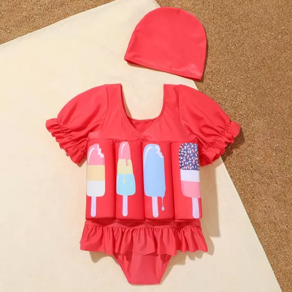 IDOPIP Kids Boys Girls Floatation Swimsuit with Adjustable Buoyancy Baby Float Suit Swim Vest One Piece Swimwear Bathing SuitRed Ice Cream