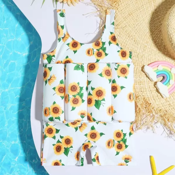 IDOPIP Kids Boys Girls Floatation Swimsuit with Adjustable Buoyancy Baby Float Suit Swim Vest One Piece Swimwear Bathing SuitWhite  Yellow Sunflower