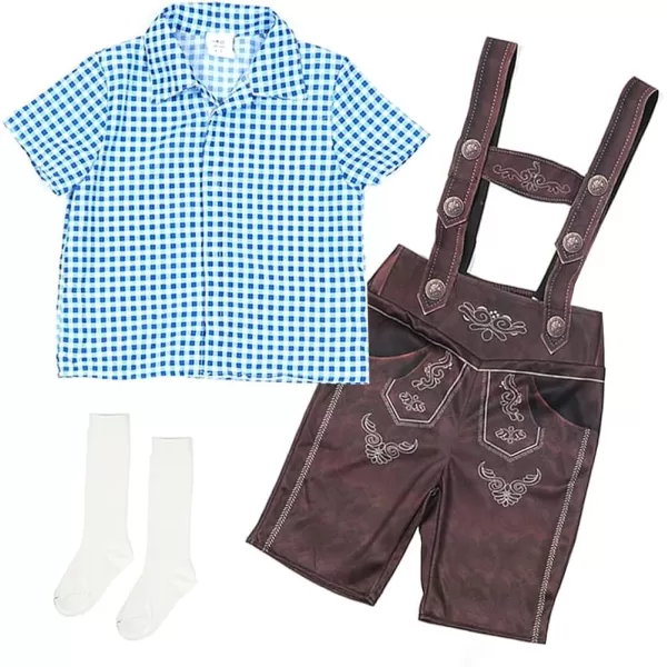 IDOPIP Kids Boys Oktoberfest Costume German Bavarian Lederhosen Shorts with Plaid Shirt Socks Toddler Halloween Cosplay 212YBlue