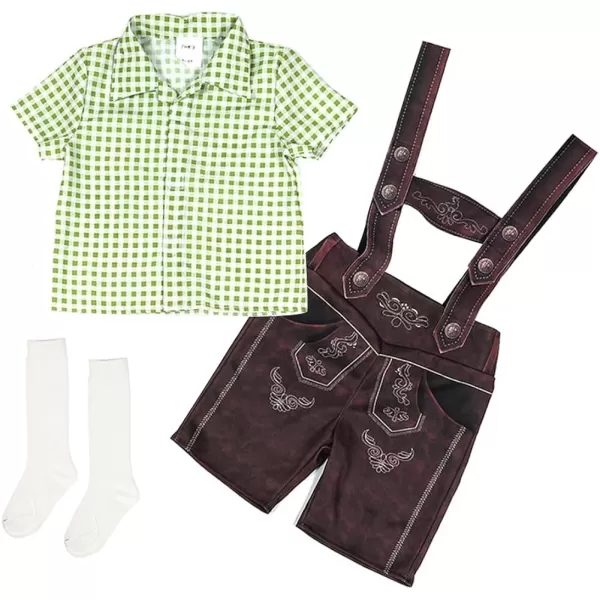 IDOPIP Kids Boys Oktoberfest Costume German Bavarian Lederhosen Shorts with Plaid Shirt Socks Toddler Halloween Cosplay 212YGreen