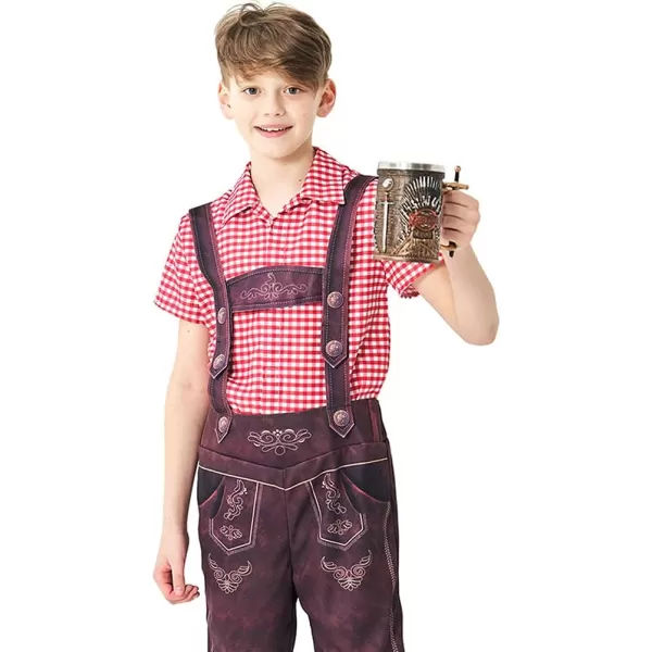 IDOPIP Kids Boys Oktoberfest Costume German Bavarian Lederhosen Shorts with Plaid Shirt Socks Toddler Halloween Cosplay 212YRed