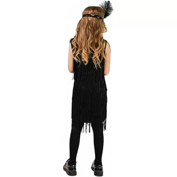 IDOPIP Kids Girls 1920s Flapper Dress Vintage Sequins Fringe Gatsby Halloween Party Dress up with Feather Headband CostumesBlack