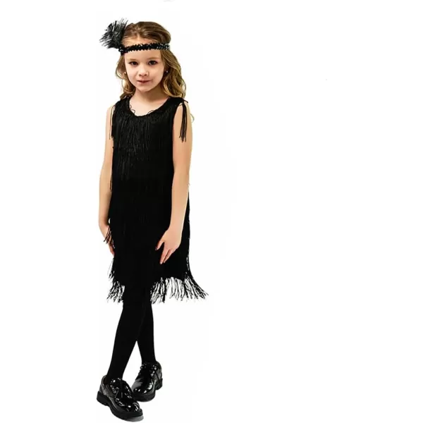 IDOPIP Kids Girls 1920s Flapper Dress Vintage Sequins Fringe Gatsby Halloween Party Dress up with Feather Headband CostumesBlack