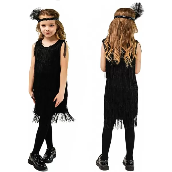 IDOPIP Kids Girls 1920s Flapper Dress Vintage Sequins Fringe Gatsby Halloween Party Dress up with Feather Headband CostumesBlack