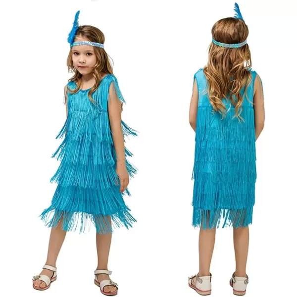 IDOPIP Kids Girls 1920s Flapper Dress Vintage Sequins Fringe Gatsby Halloween Party Dress up with Feather Headband CostumesBlue