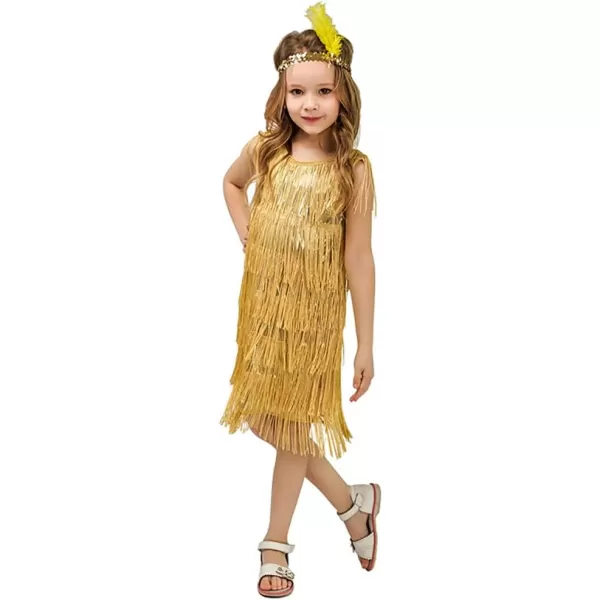 IDOPIP Kids Girls 1920s Flapper Dress Vintage Sequins Fringe Gatsby Halloween Party Dress up with Feather Headband CostumesGold