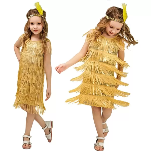 IDOPIP Kids Girls 1920s Flapper Dress Vintage Sequins Fringe Gatsby Halloween Party Dress up with Feather Headband CostumesGold