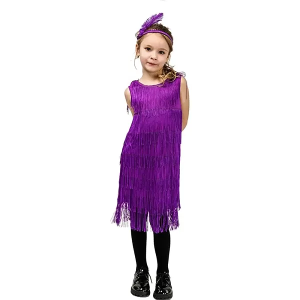 IDOPIP Kids Girls 1920s Flapper Dress Vintage Sequins Fringe Gatsby Halloween Party Dress up with Feather Headband CostumesPurple