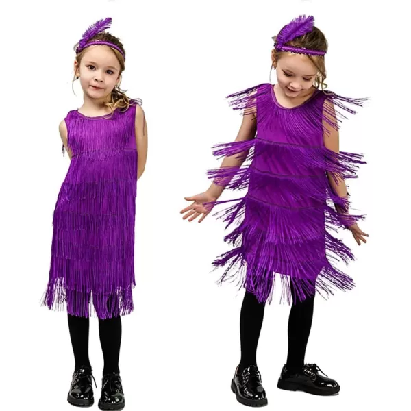 IDOPIP Kids Girls 1920s Flapper Dress Vintage Sequins Fringe Gatsby Halloween Party Dress up with Feather Headband CostumesPurple