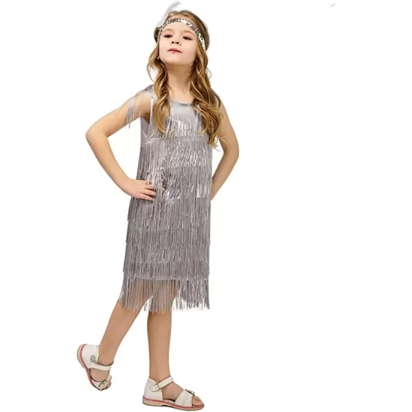 IDOPIP Kids Girls 1920s Flapper Dress Vintage Sequins Fringe Gatsby Halloween Party Dress up with Feather Headband CostumesSilver