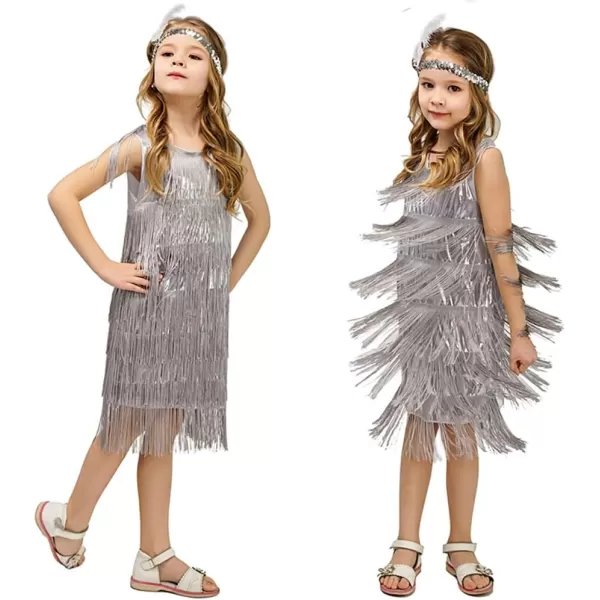 IDOPIP Kids Girls 1920s Flapper Dress Vintage Sequins Fringe Gatsby Halloween Party Dress up with Feather Headband CostumesSilver