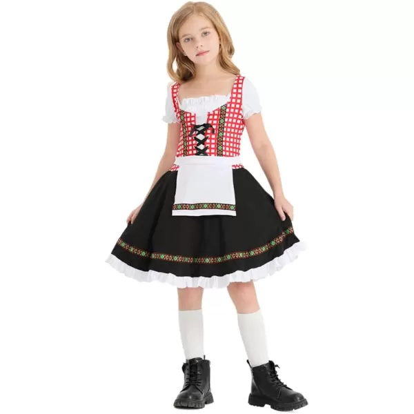 IDOPIP Kids Girls Oktoberfest Costume German Dirndl Dresses Plaid Maid Dress Outfit for Bavarian Carnival Halloween FestivalBlack  Red Plaid 1pc Dress Only