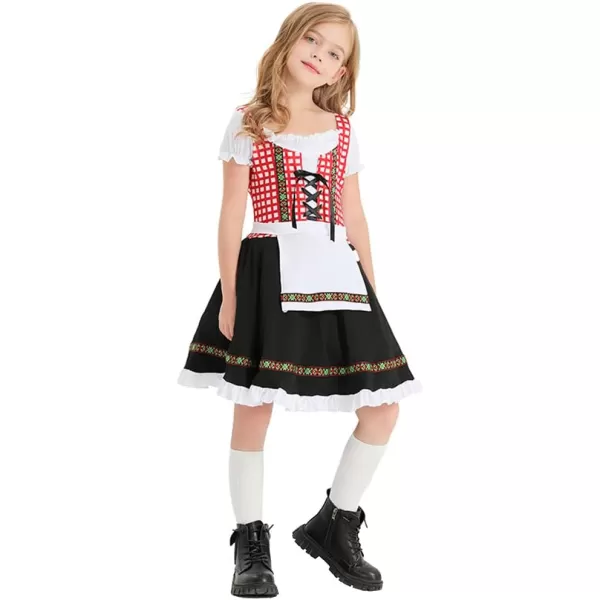 IDOPIP Kids Girls Oktoberfest Costume German Dirndl Dresses Plaid Maid Dress Outfit for Bavarian Carnival Halloween FestivalBlack  Red Plaid 1pc Dress Only