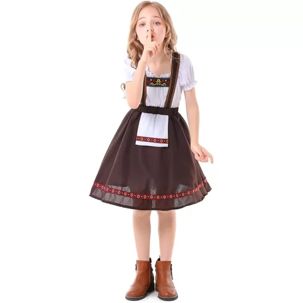 IDOPIP Kids Girls Oktoberfest Costume German Dirndl Dresses Plaid Maid Dress Outfit for Bavarian Carnival Halloween FestivalCoffee Topskirt