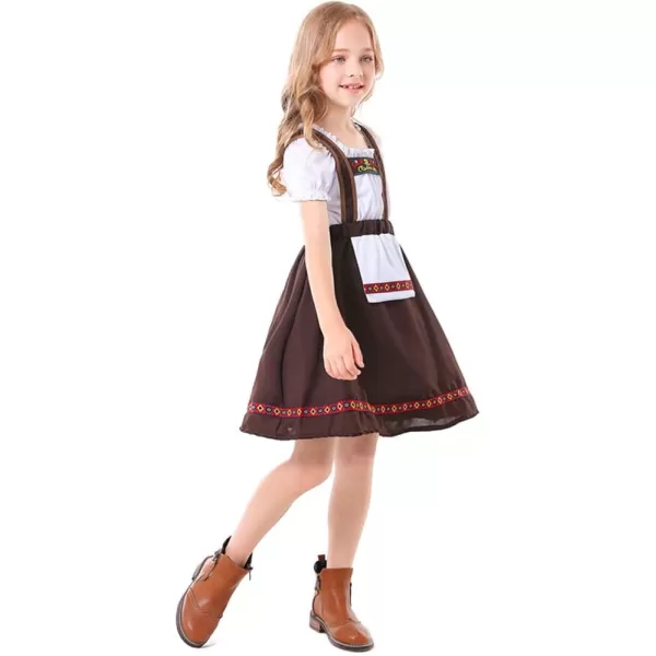 IDOPIP Kids Girls Oktoberfest Costume German Dirndl Dresses Plaid Maid Dress Outfit for Bavarian Carnival Halloween FestivalCoffee Topskirt