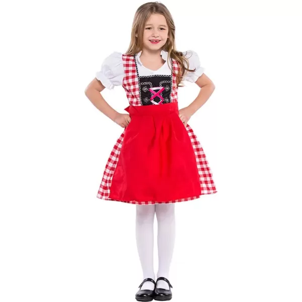 IDOPIP Kids Girls Oktoberfest Costume German Dirndl Dresses Plaid Maid Dress Outfit for Bavarian Carnival Halloween FestivalRed Plaid Dressapron