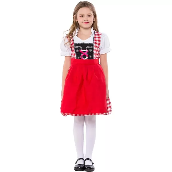 IDOPIP Kids Girls Oktoberfest Costume German Dirndl Dresses Plaid Maid Dress Outfit for Bavarian Carnival Halloween FestivalRed Plaid Dressapron