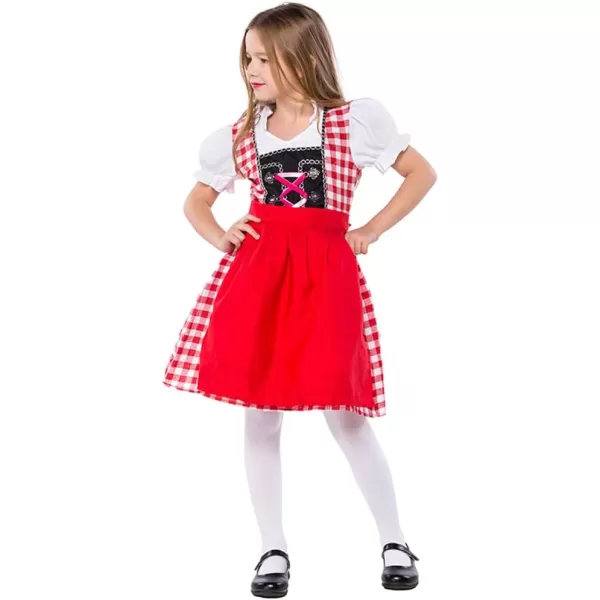 IDOPIP Kids Girls Oktoberfest Costume German Dirndl Dresses Plaid Maid Dress Outfit for Bavarian Carnival Halloween FestivalRed Plaid Dressapron