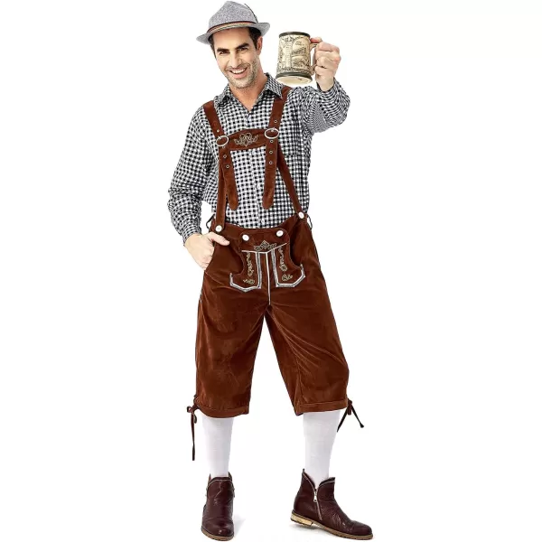 IDOPIP Men Oktoberfest Costume German Bavarian Lederhosen Shorts Set with Hat for Halloween Dress Up Party and Beer FestivalBlack  Brown